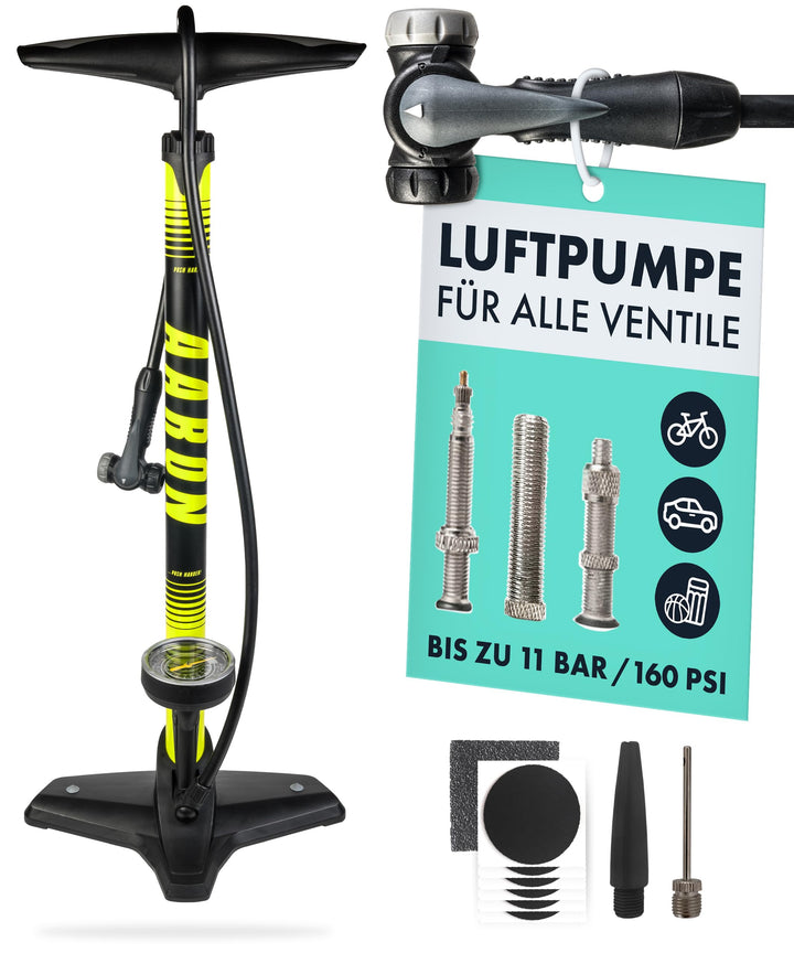 AARON Sport One – Fahrradpumpe für alle Ventile mit Manometer - Standpumpe für Rennrad, E-Bike, Moun