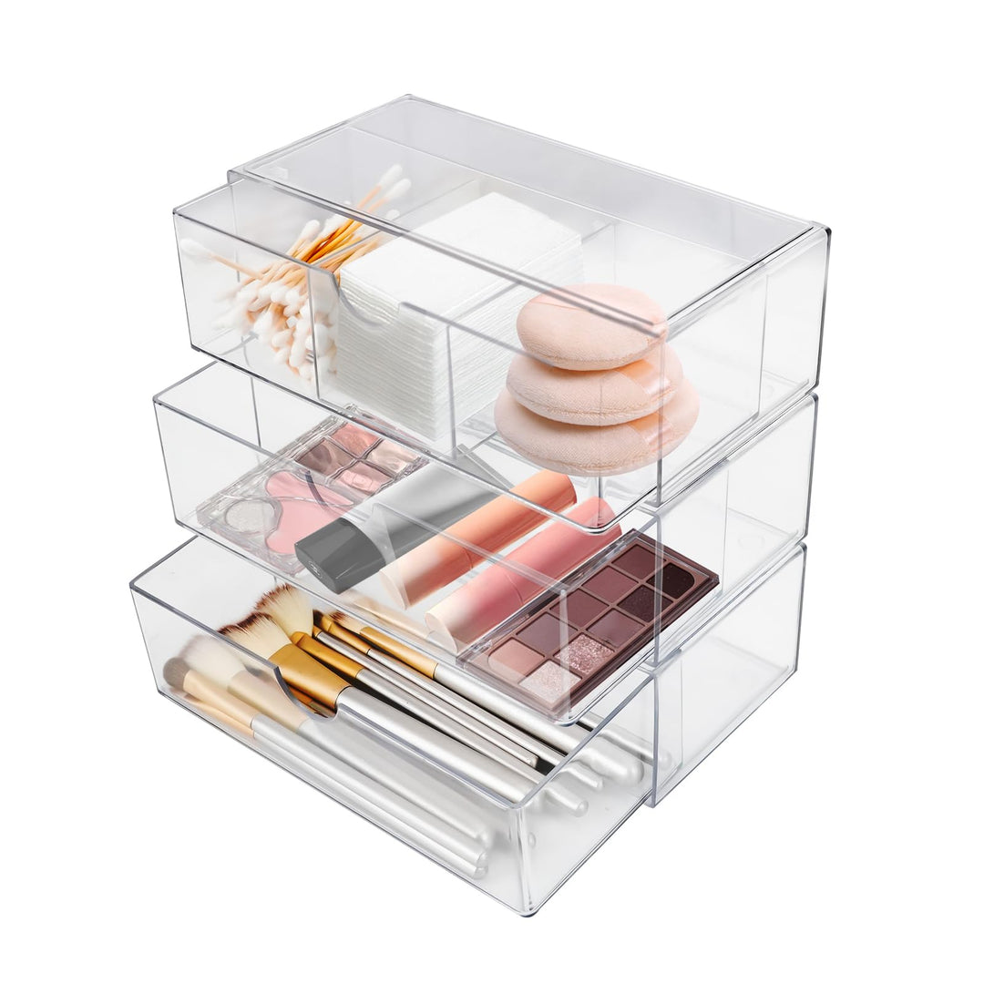 3 Stück Acryl Schubladen Schminktisch Organizer, Stapelbarer Badezimmer Make Up Organizer, Transpare
