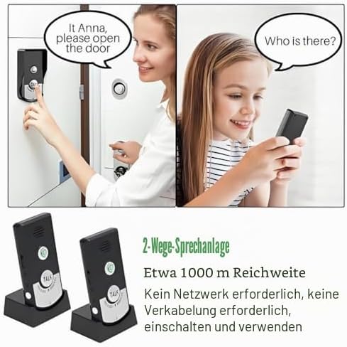 Drahtlose Intercom-Türklingeln, 1000 M Entfernung, Wiederaufladbar, 2-Wege-Sprach-Intercom-Türklinge