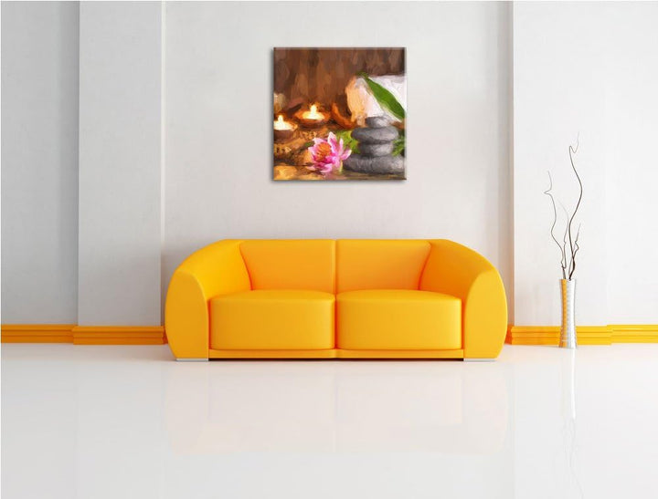 Pixxprint Kerzen mit Zen Steinen und Seerose / 70x70cm Leinwandbild bespannt auf Holzrahmen/Wandbild