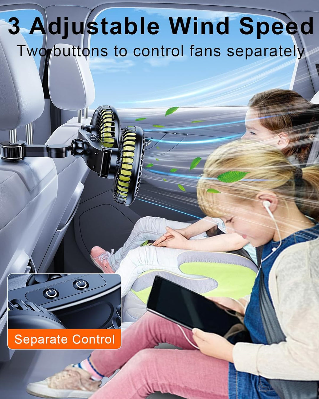 Akku Ventilator für Auto Rücksitz mit Einziehbarem Langem Arm, [Geschenk-Kfz Ladegerät & USB-C Kabel