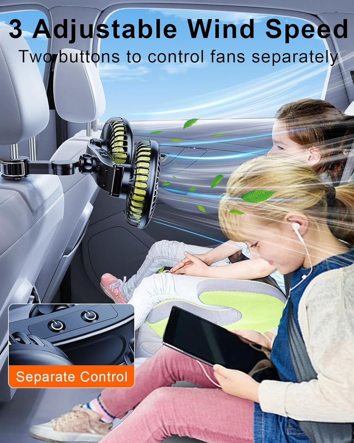 Akku Ventilator für Auto Rücksitz mit Einziehbarem Langem Arm, [Geschenk-Kfz Ladegerät & USB-C Kabel