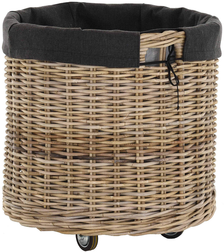 Grosser Rollkorb mit Griffen/Holzkorb mit Rollen aus grauem Natur Rattan/Aufbewahrung Holz-Wagen Räd