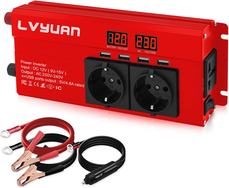 Spannungswandler 12V 230V 1000W/2000W Wechselrichter mit 2 Steckdose und 4 USB LED Spannungsanzeige