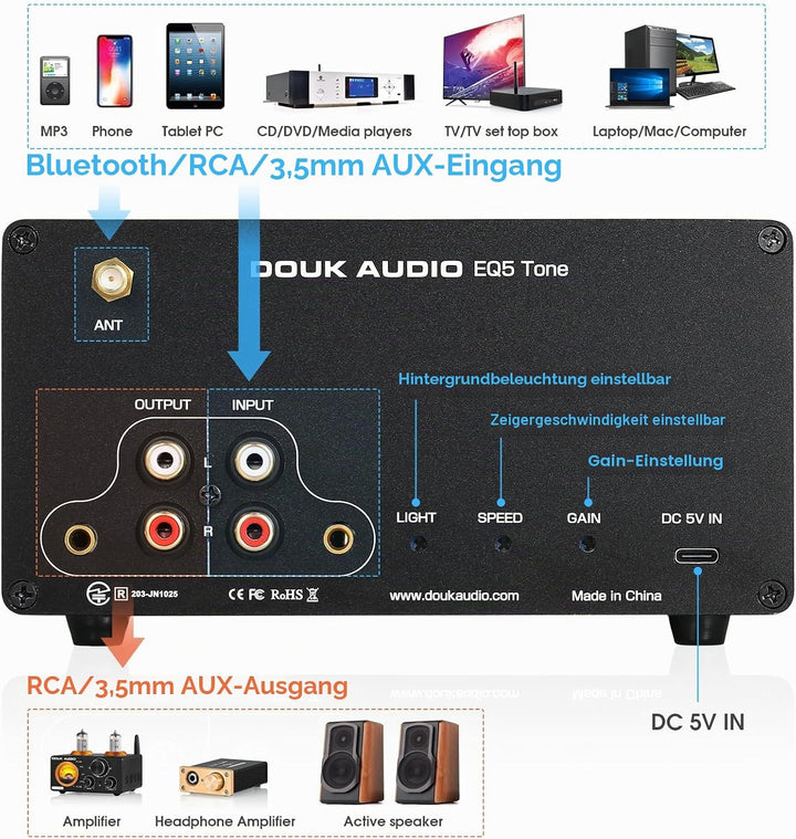Douk Audio 5-Band-Equalizer Bluetooth EQ Vorverstärker für Heim-Stereo/Computer-Lautsprecher/Verstär