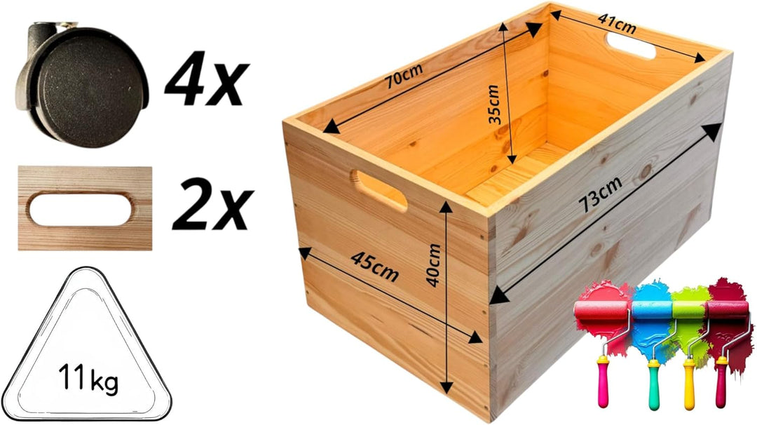 weeco Holz-Aufbewahrungstruhe mit Rollen, 73×45×40 cm, Kiefernholz, unbehandelt, Multifunktionale La