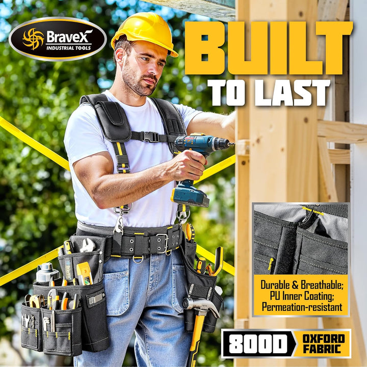 Bravex Tool Belt Suspenders - Pro Ultra Anti-wear 20 Bags Y-Style Tool Belts 5 Combo Apron Tool Pouc