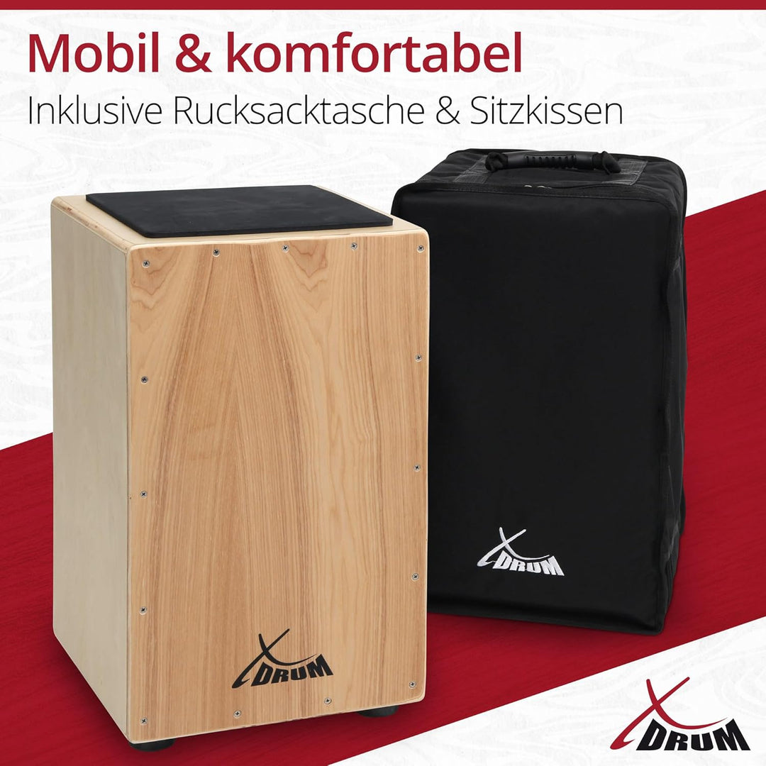 XDrum Cajon Primero Natur - Kistentrommel inkl. Rucksacktasche und Schule - Trommelkiste mit Snare S
