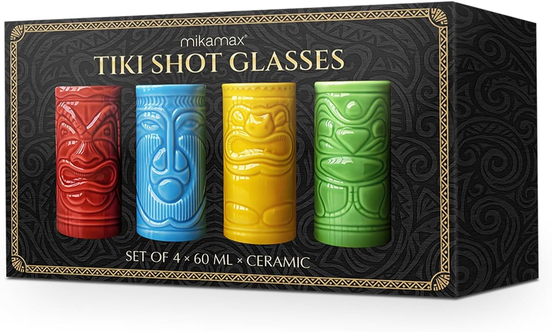 mikamax Tiki Schnapsgläser 4er Set 60 ml - Bunte Keramik mit Tiki Motiven - Spülmaschinenfest - Hawa