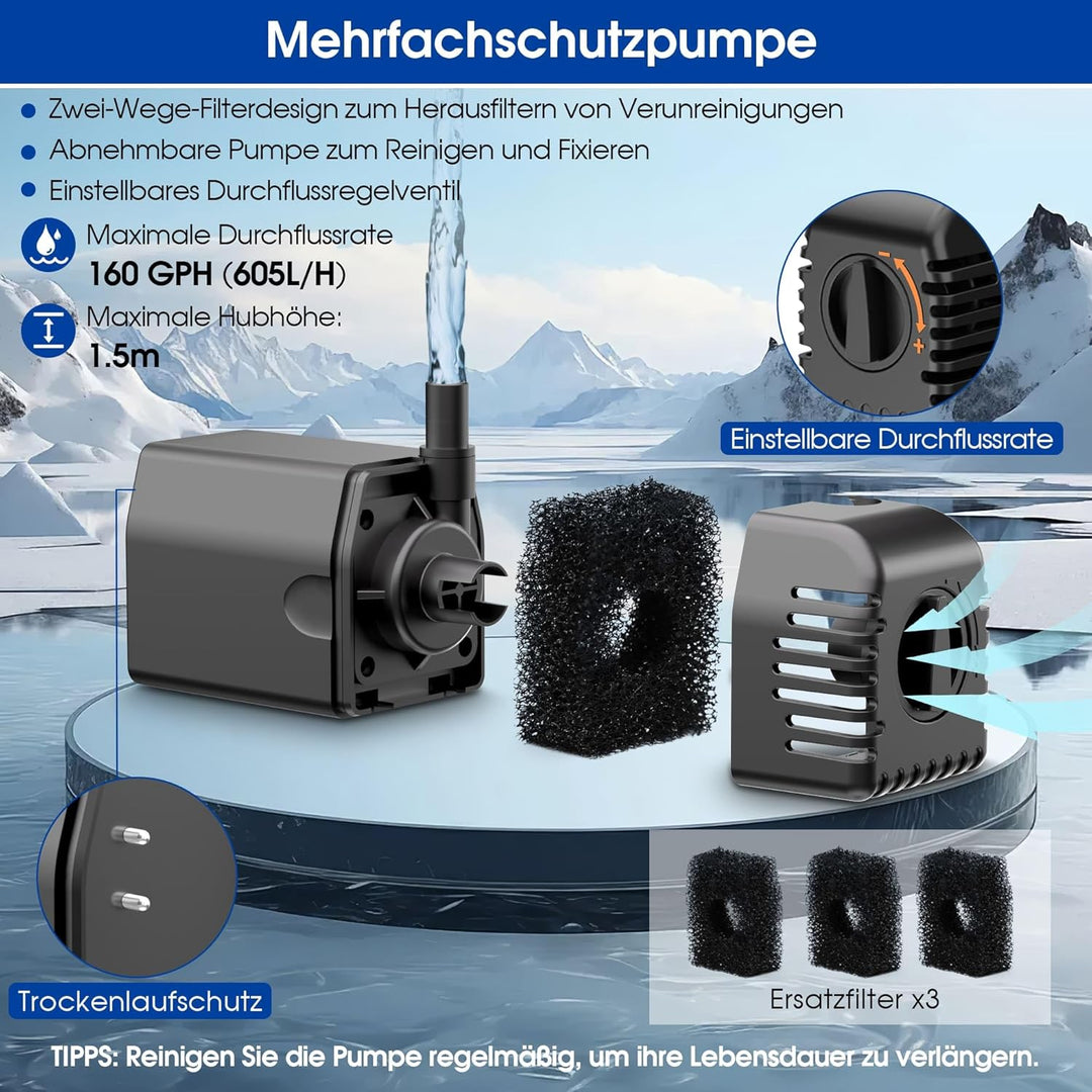 Biling Solar Springbrunnen für Aussen, 12W Solar Teichpumpe 605L/H Leise mit 4 Düsen und Schlauch, S