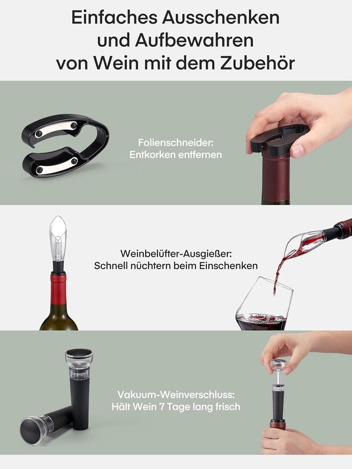 FOHERE Korkenzieher Elektrisch, mit Folienschneider, Ausgiesser, Vakuumpumpe, und Ladestation, Kabel