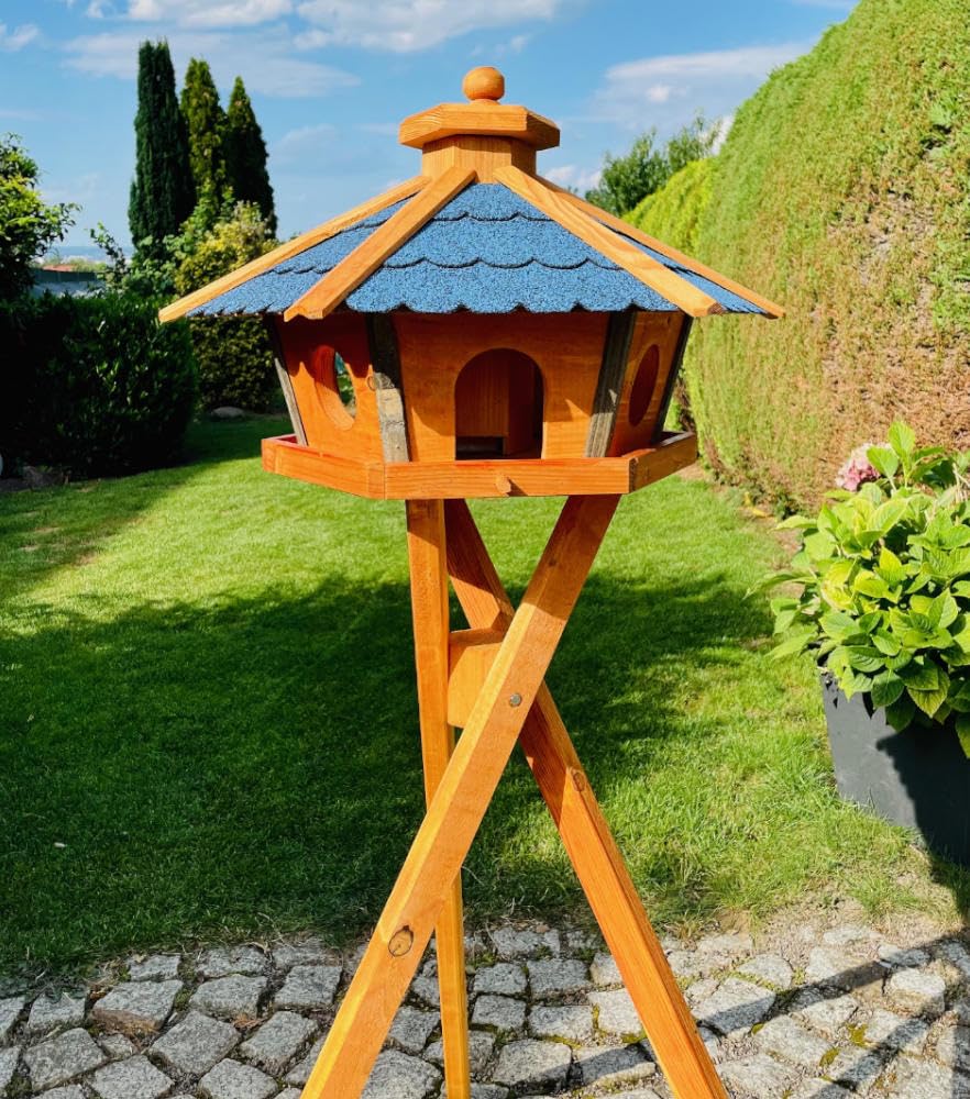 Vogel Futter Haus L oder XL Sechseck Holz Vogelhaus Futterstelle Braun/Blau, Rot, Schwarz und Grün (