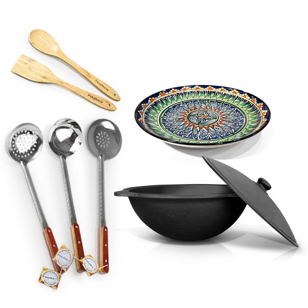 Kasan-Set 10L | Gusseisen Kazan Runder Boden + Aluminiumguss-Deckel + Lagan Servierteller Ø32cm + Sc