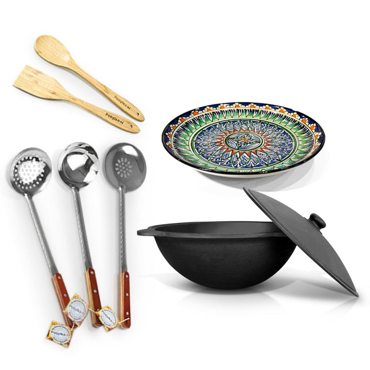 Kasan-Set 10L | Gusseisen Kazan Runder Boden + Aluminiumguss-Deckel + Lagan Servierteller Ø32cm + Sc