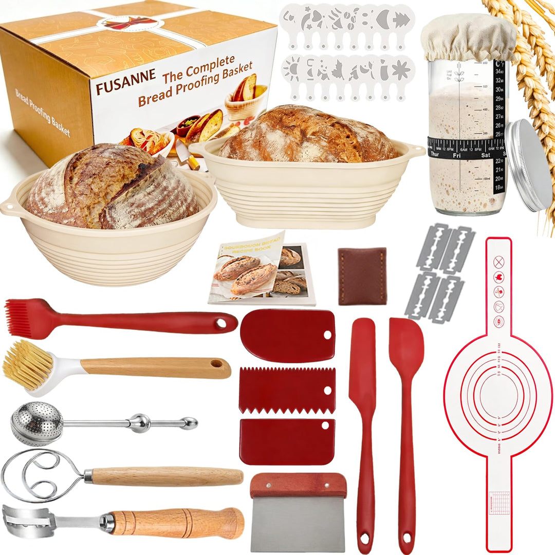 Sauerteig Starter Set, Brot backen Zubehör 24 teilig, Gärkorb Brot Rund 23cm und Oval 25cm, Brotkorb