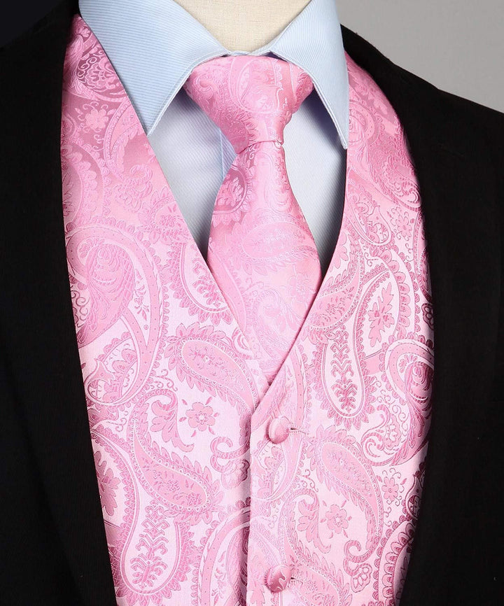 HISDERN Herren FLoral Hochzeit Weste Krawatte Einstecktuch Taschentuch Jacquard Weste Anzug Set M Ro