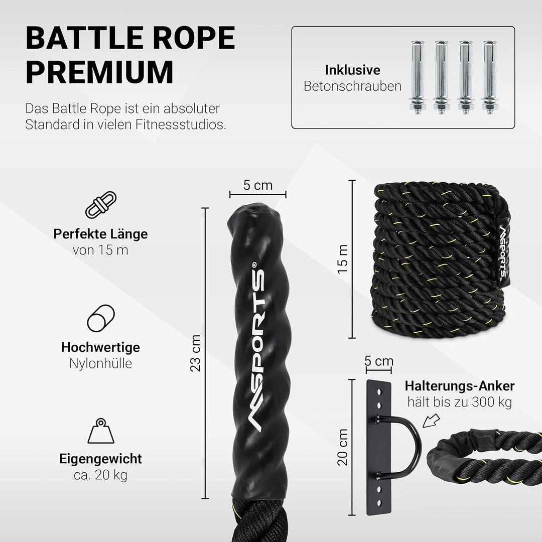 MSPORTS Battle Rope Professional Studio Qualität | Länge: 15 m | Durchmesser: 5 cm | Trainingsseil S