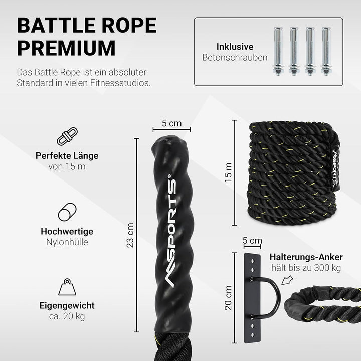 MSPORTS Battle Rope Professional Studio Qualität | Länge: 15 m | Durchmesser: 5 cm | Trainingsseil S