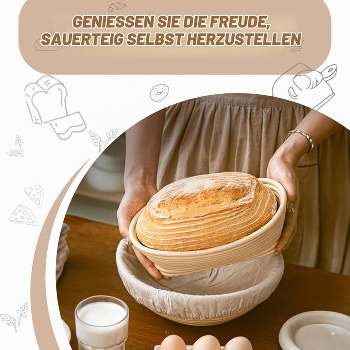 Gärkorb Set, Gärkörbchen mit Silikon Backmatte, 23cm Runde und 25cm Ovale Gähr Körbchen, Brotkörbche