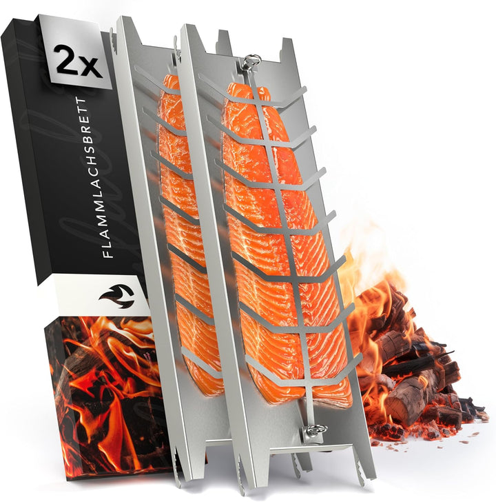 Flammlachsbrett Edelstahl 59,5cm | Extra langer Flammlachshalter passend für Feuerschalen und Grills