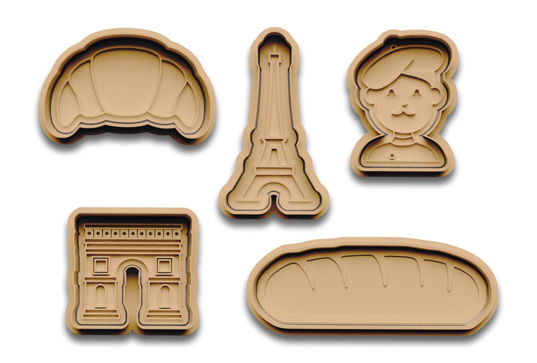 Keksausstecher Set Paris – 5-teilig mit Eiffelturm, Croissant, Baguette, Triumphbogen & Franzose – P