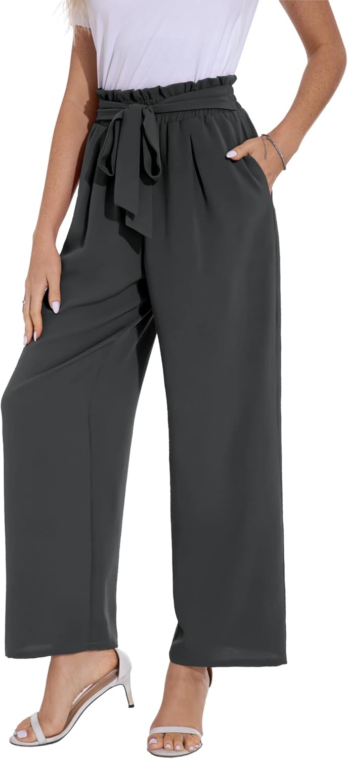 PrinStory Damen Hose Mit Weitem Bein Leichte Elastische Taille Sommer Hose Mit Taschen Kausale Arbei