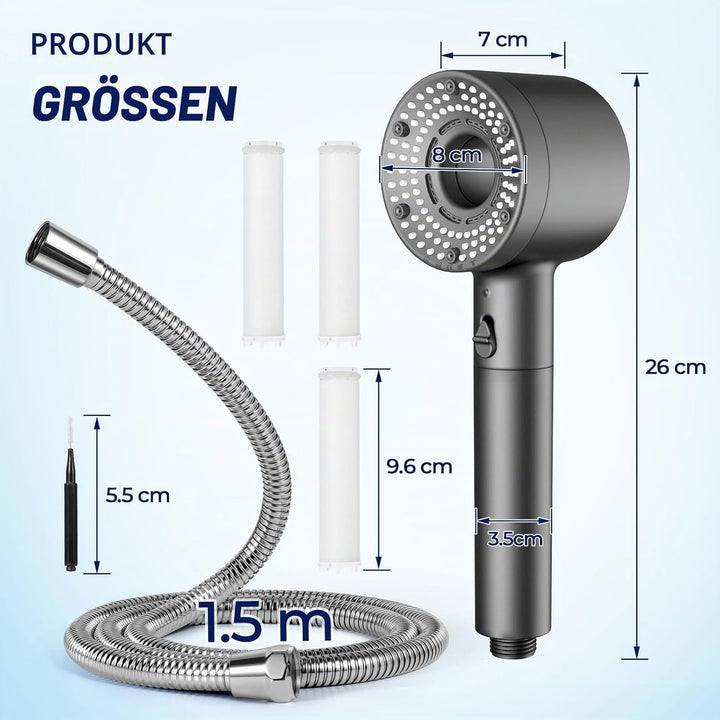 Duschkopf Wassersparend mit Schlauch 1.5 m, Antikalkfunktion Duschkopf mit 3-Schicht-Filtration, 5 S