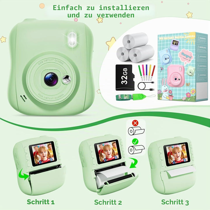 Hangrui Kinderkamera Sofortbildkamera, 14MP Sofortbildkamera Kinder mit 32G Karte & Druckpapier, 108