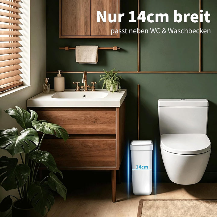 funest Badmülleimer mit abnehmbarem Deckel 10L – Kosmetikeimer Schmal 14 cm, Geruchshemmend &amp; Standf