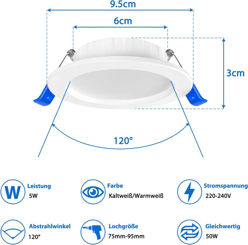 NAIZY LED Einbaustrahler 230V Ultra Flach Einbauleuchte 20er Set 5W Badleuchte Einbauspot Aluminium