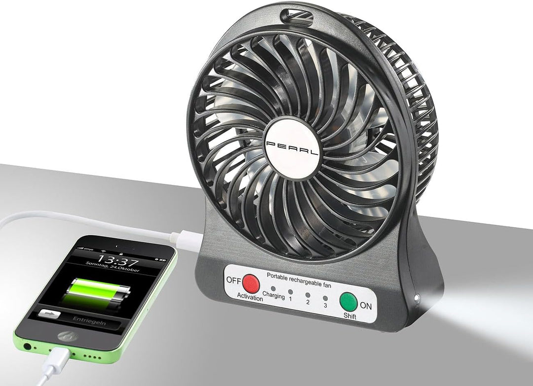 PEARL Tischventilator Akku: 2er-Set 2in1 Akku-Tisch-Ventilator mit LED-Leuchte, 1.300 mAh (Kfz Venti