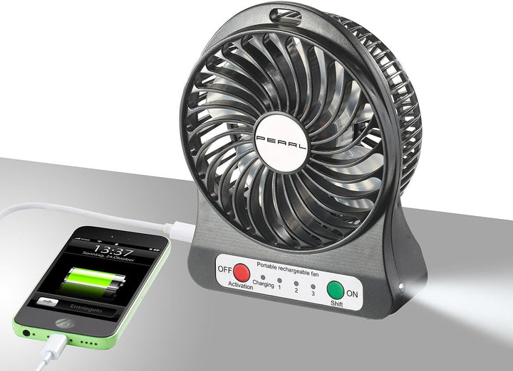 PEARL Tischventilator Akku: 2er-Set 2in1 Akku-Tisch-Ventilator mit LED-Leuchte, 1.300 mAh (Kfz Venti