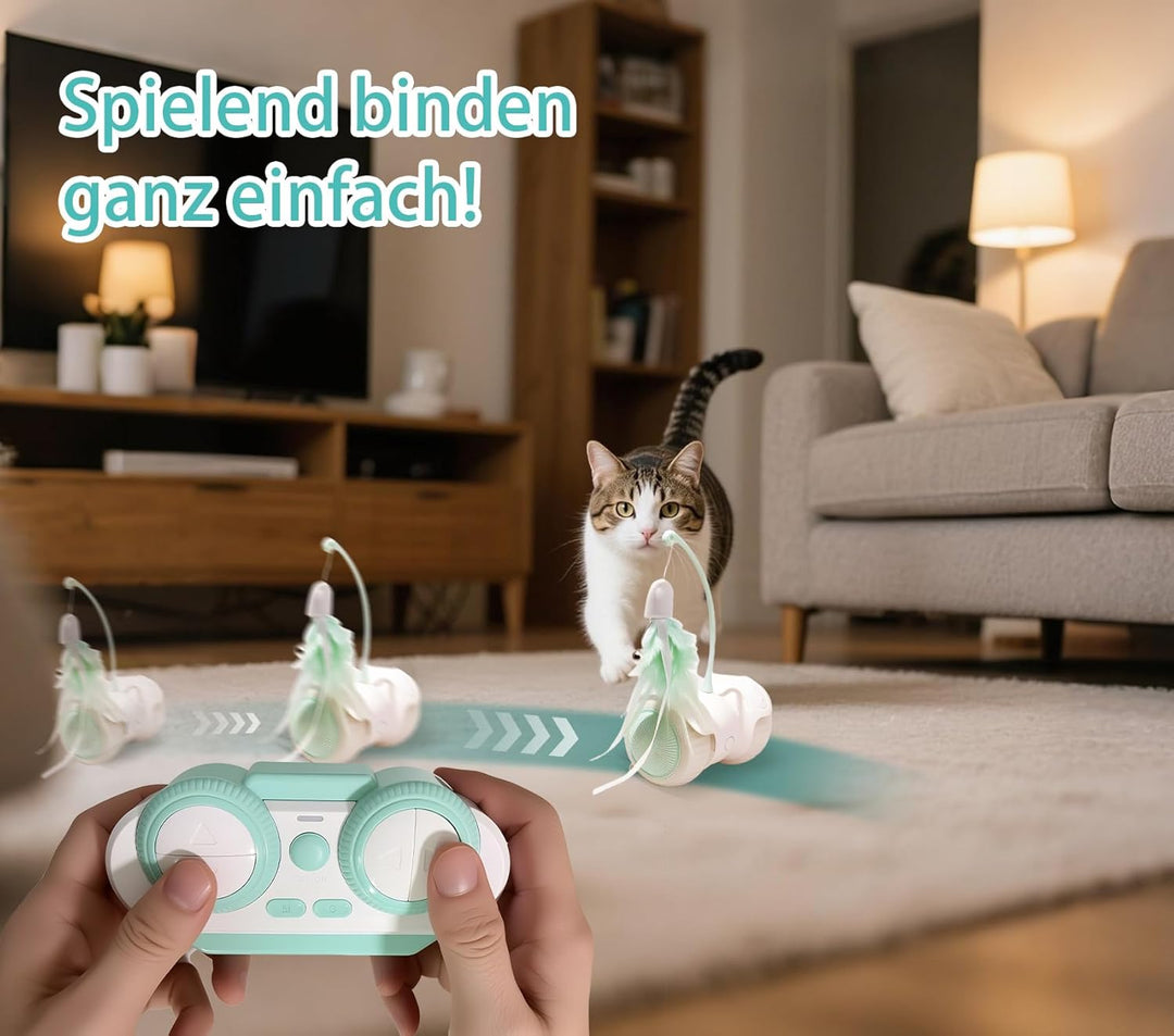Interaktives Katzen-Spielzeug Auto: 360°Freilauf-Funktion,2 Kamillenminze-Federn,Auto/Manuell - Modu