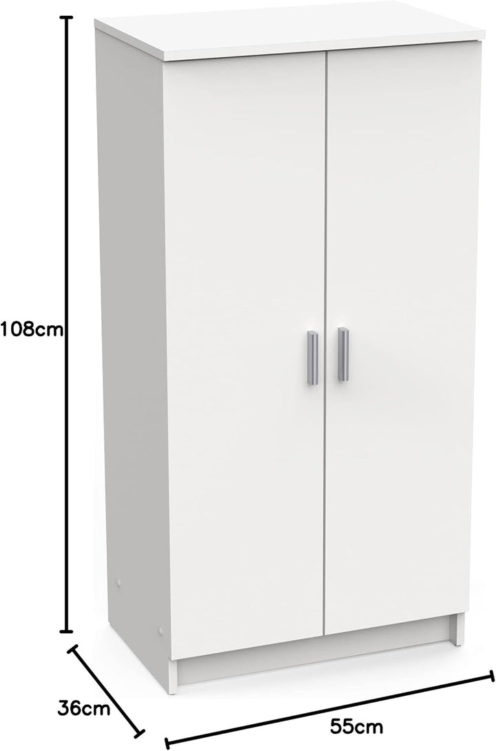 Multifunktions-Kleiderschrank mit zwei Türen mit sechs Einlegeböden, Farbe Weiss, Masse 55 x 108 x 3
