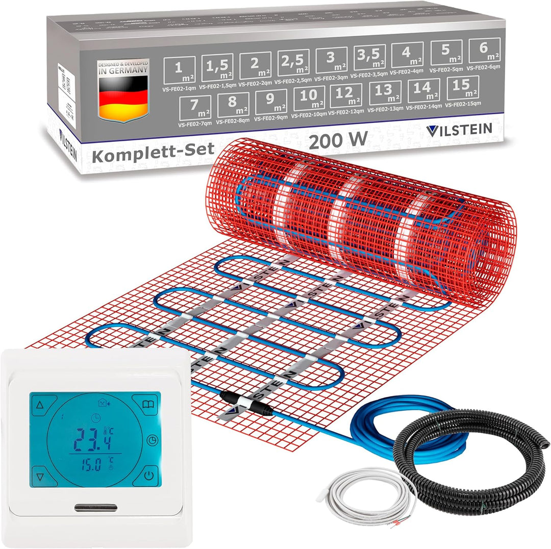 VILSTEIN Elektrische Fussbodenheizung 200W/m², für Fliesen Laminat und mehr, Komplett-Set, TWIN Tech