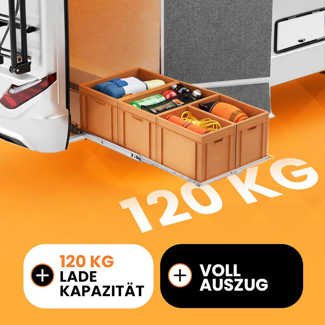 Heckküche-Auszug 120x60 – Leichter Auszug für Camping-Module, 120 kg Vollauszug, Stauraum-System für