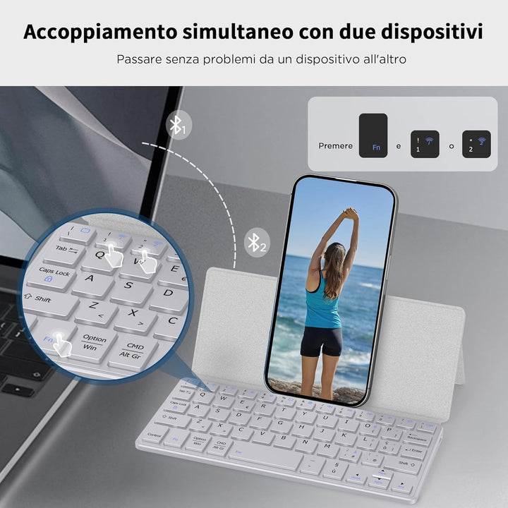 CACOE Bluetooth Tastatur mit Ständer, Mini Tastatur für Handy, Ultraflache Tragbare, Faltbare, Dual-