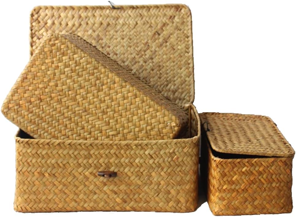 Rattankorb Aufbewahrungskorb aus Seegras Aufbewahrungsbox mit Deckel Dekobox Natürliches Material 3