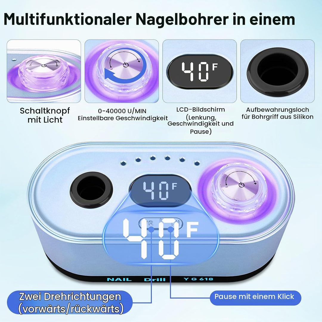 Elektrische Nagelfeile Nagelfräser Professioneller, 40000U/Min, LCD Maniküre Pediküre Set mit Multif