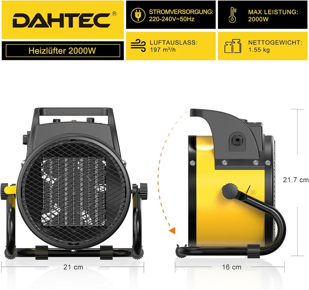 Heizlüfter 2000 Watt Keramik Heizstrahler Elektroheizer Bauheizer Bautrockner mit Thermostat Heizger
