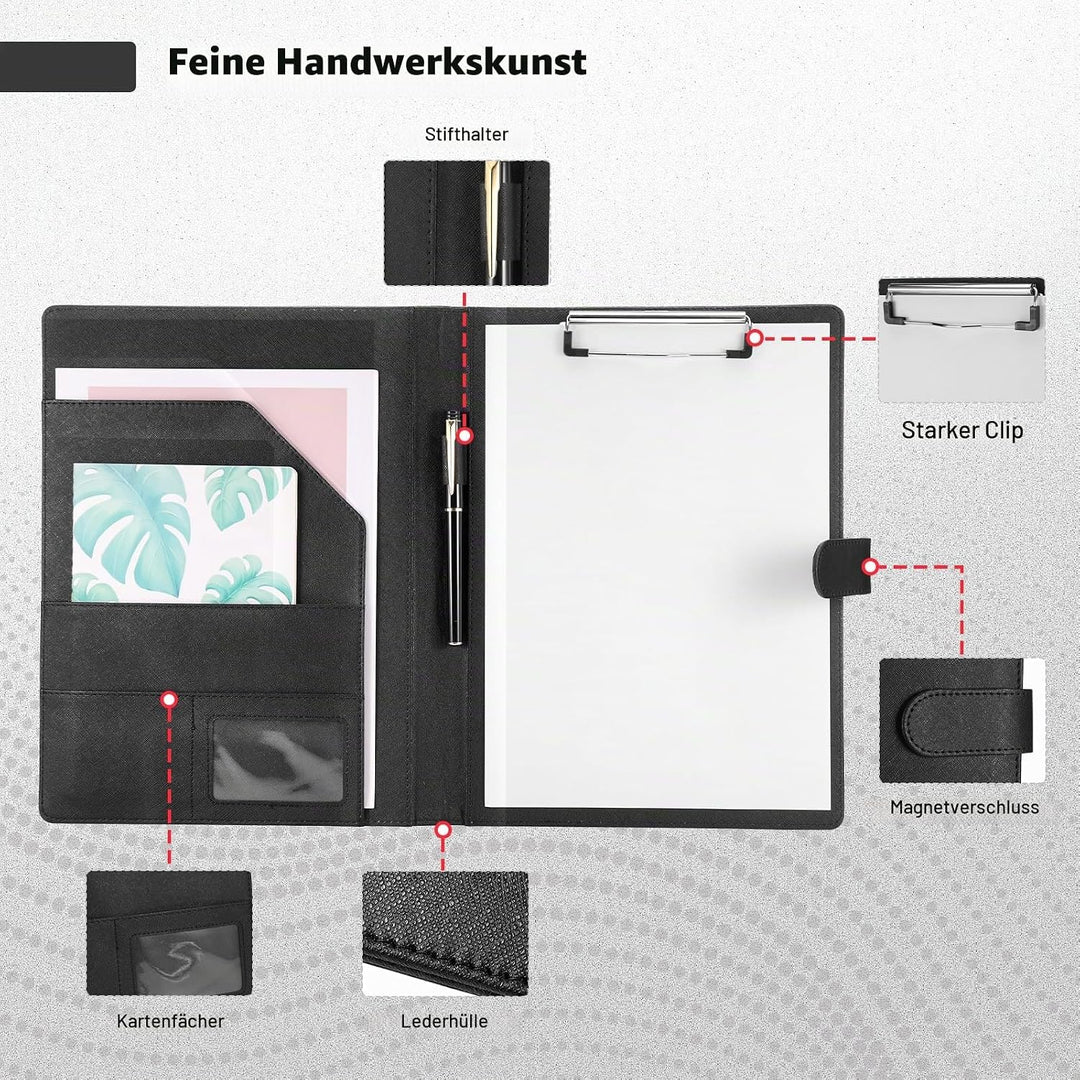 Schreibmappe A4 in Schwarz, Konferenzmappe aus PU-Leder, Klemmbrettmappe mit Dokumentenfächern, Stif