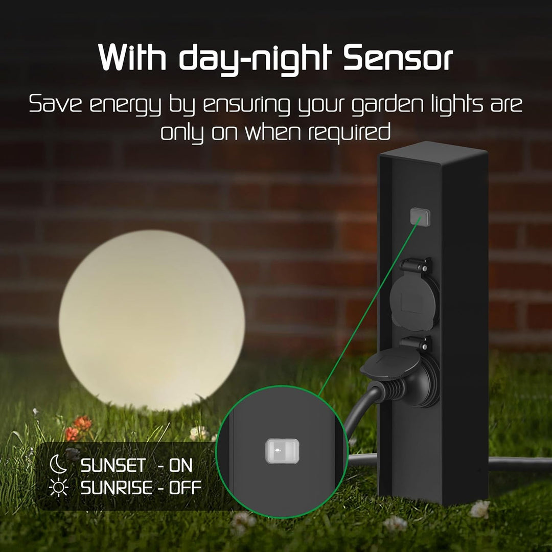 Ledvion - Aussensteckdose mit Pfahl, Inkl. Sensor, 2 Steckdosen, Wasserdicht IP44, 3 Jahre Garantie