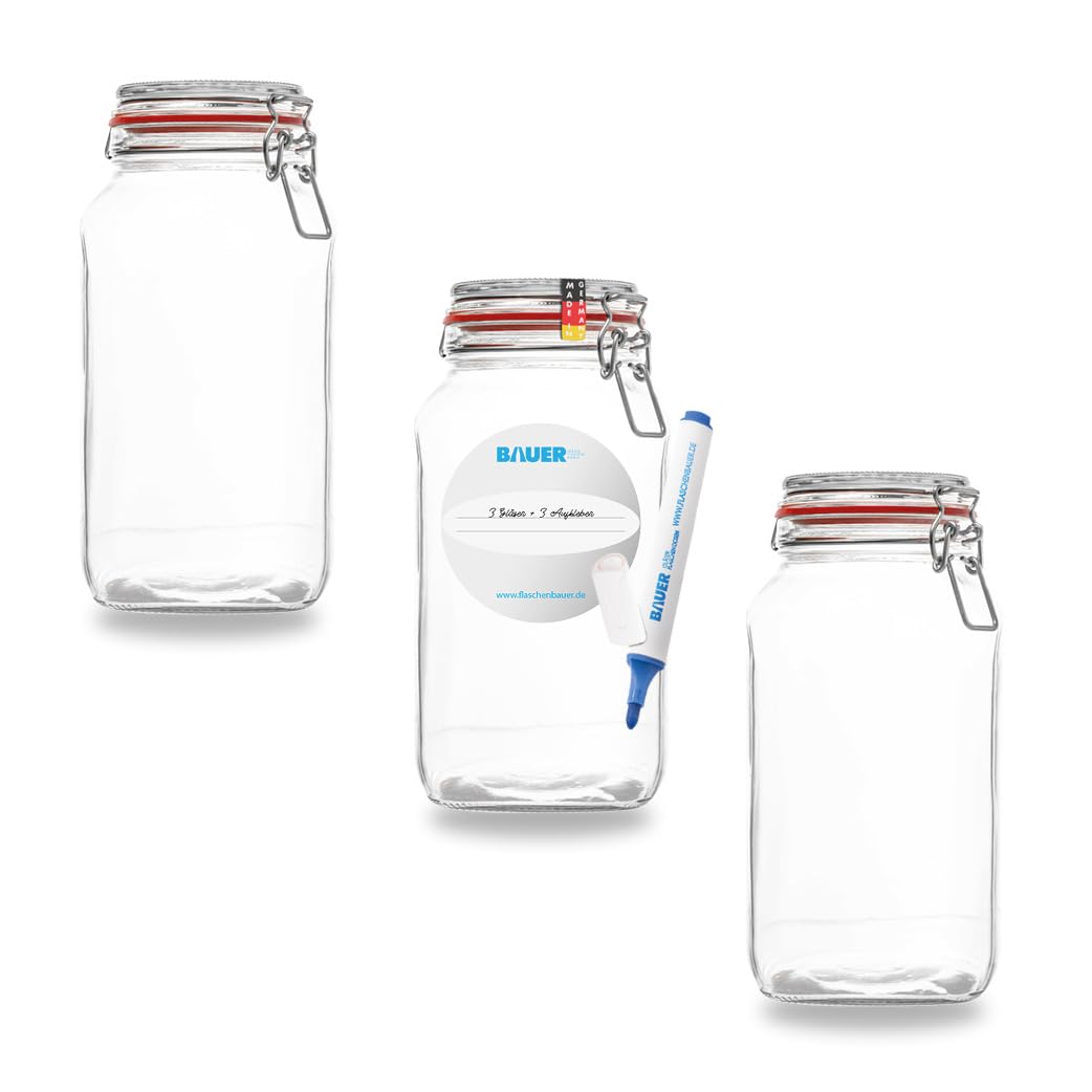 Flaschenbauer- 3 Drahtbügelgläser 2590ml verwendbar als Einmachglas und Fermentierglas, zu Aufbewahr