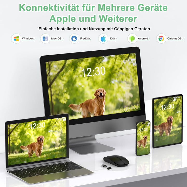 Kabellose Bluetooth Maus für MacBook Air Mac iPad Pro Laptop PC, Wiederaufladbare Funkmaus mit Jiggl