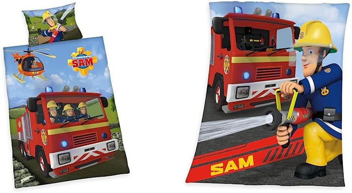 Herding FEUERWEHRMANN SAM Bettwäsche-Set, Wendemotiv, Kopfkissenbezug 40 x 60 cm, Bettbezug 100 x 13
