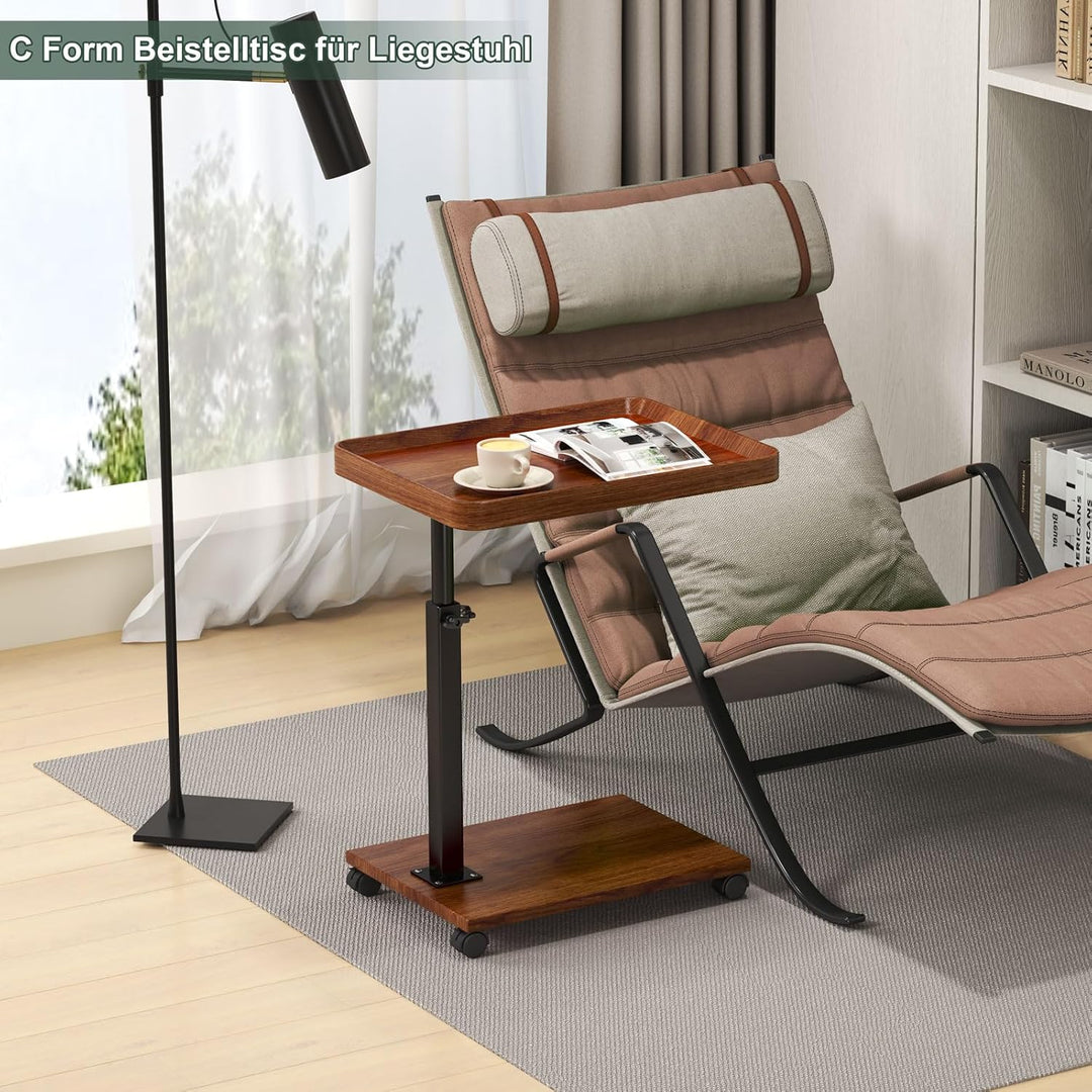Beistelltisch c Form Höhenverstellbar mit Rollen, 360° Rotierend Couch Beistelltisch Holz Sofatisch,