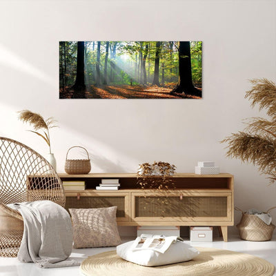 Wandbilder Dekoration Wohnzimmer Wald Blätter Sonne Panorama Bilder auf Leinwand 120x50cm Leinwandbi