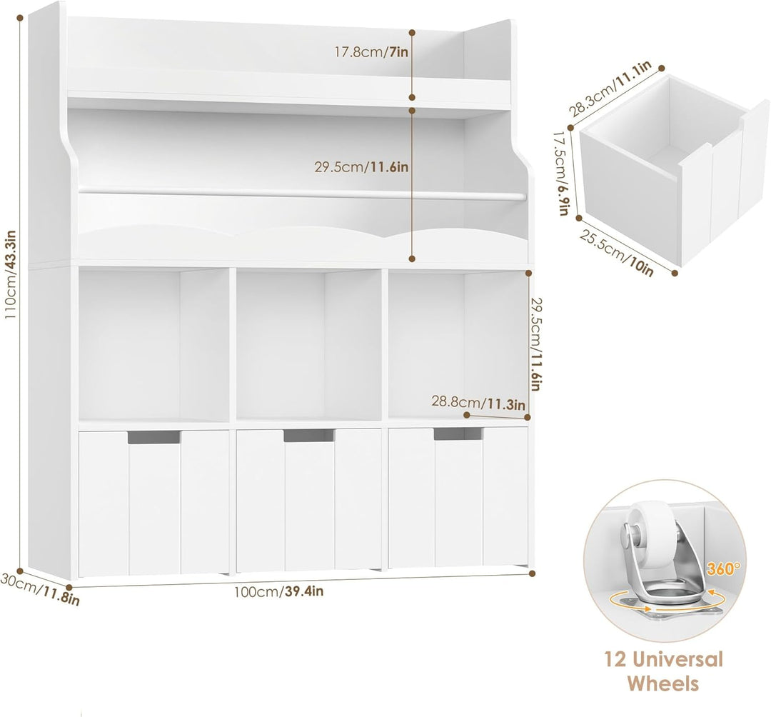 HOCSOK 110cm Kinderregal mit Boxen auf Rollen, Kinderbücherregal mit 4 Ablagefächern, Spielzeugregal