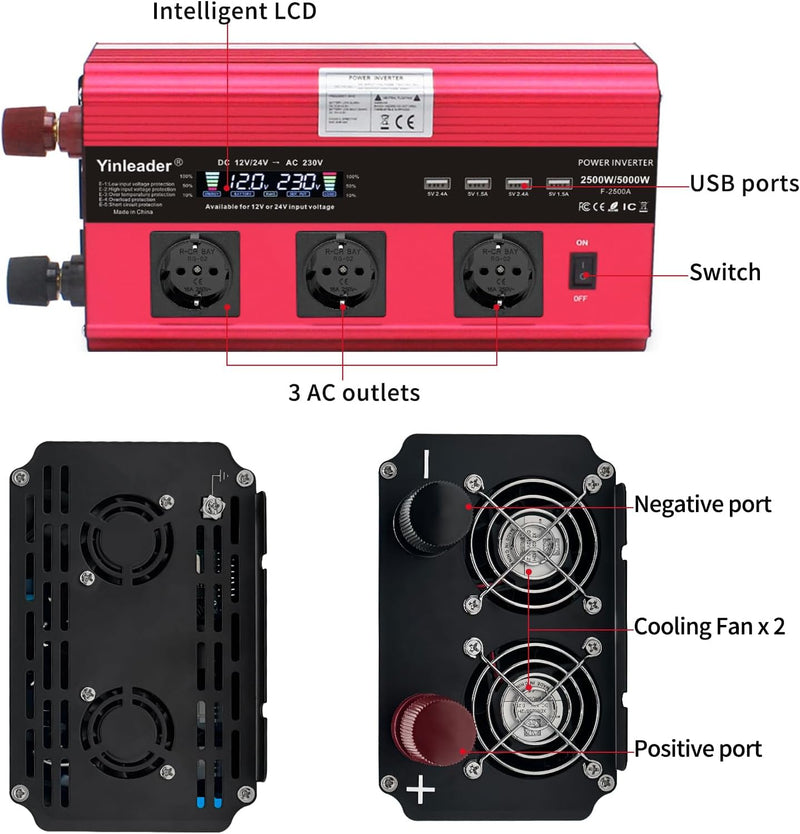 Yinleader Wechselrichter 12V/24V zu 230V 2500W / 5000W Spannungswandler 3 AC Steckdosen und 4 USB-An
