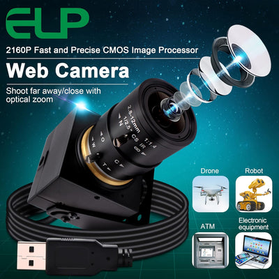 ELP 4K USB Kamera Weitwinkel 2.8-12mm Varifocal Zoom Objektiv Webcam Ultra HD 2160P 30FPS Webcam,Plu